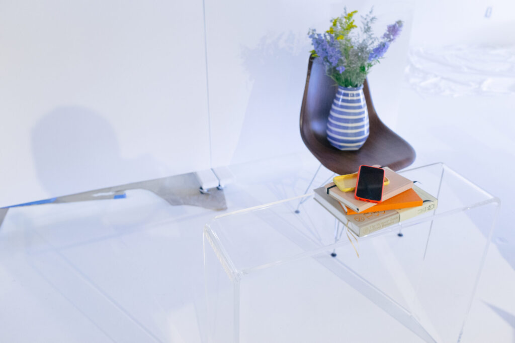 lucite desk with flowers